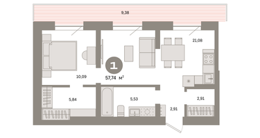 1-к. квартира, 57&nbsp;м²