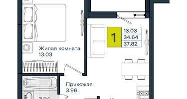 1-к. квартира, 37 м²