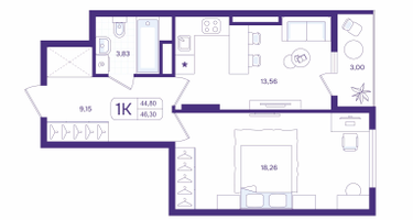 1-к. квартира, 46&nbsp;м²