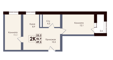 2-к. квартира, 48&nbsp;м²