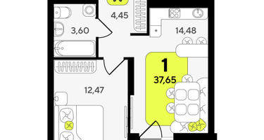 1-к. квартира, 37&nbsp;м²