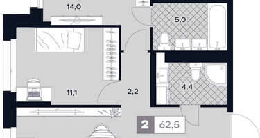 2-к. квартира, 62 м²