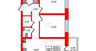 2-к. квартира, 60 м²