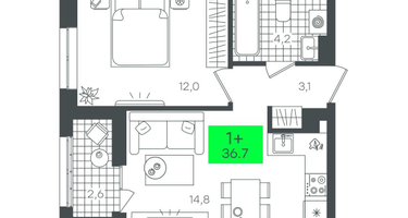 1-к. квартира, 36&nbsp;м²