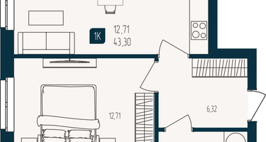 1-к. квартира, 43&nbsp;м²