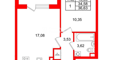 1-к. квартира, 34 м²
