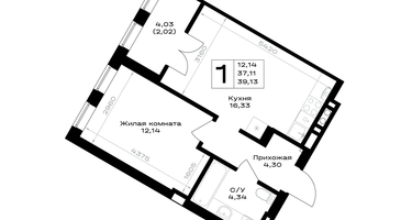 1-к. квартира, 39 м²