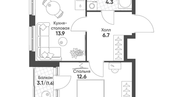 1-к. квартира, 39 м²