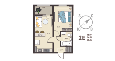 1-к. квартира, 36 м²