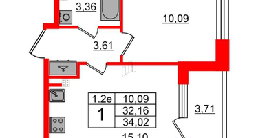 1-к. квартира, 32 м²