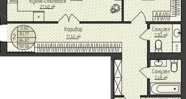2-к. квартира, 90&nbsp;м²
