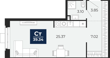 Студия, 39&nbsp;м²