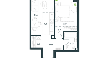 2-к. квартира, 43&nbsp;м²