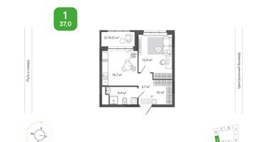1-к. квартира, 37&nbsp;м²