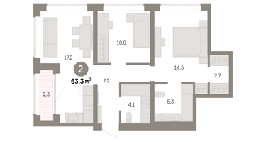 2-к. квартира, 63&nbsp;м²