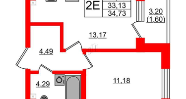 1-к. квартира, 34&nbsp;м²