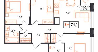 3-к. квартира, 74&nbsp;м²
