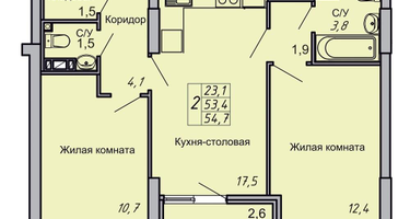 2-к. квартира, 54 м²