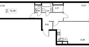 2-к. квартира, 74&nbsp;м²