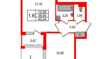 1-к. квартира, 38 м²