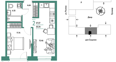 2-к. квартира, 37 м²