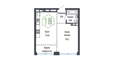 1-к. квартира, 41&nbsp;м²
