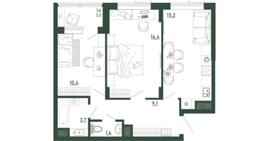 2-к. квартира, 58 м²