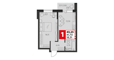 1-к. квартира, 41&nbsp;м²