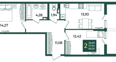 2-к. квартира, 66 м²