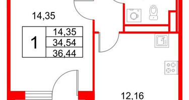 1-к. квартира, 36&nbsp;м²