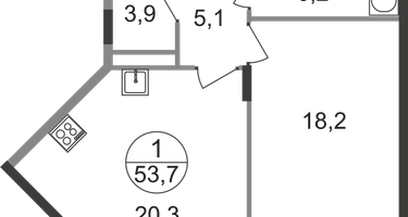 1-к. квартира, 53&nbsp;м²
