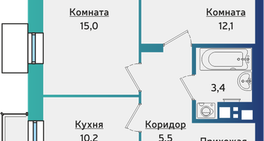 2-к. квартира, 52&nbsp;м²