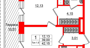 1-к. квартира, 39 м²