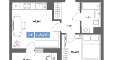 1-к. квартира, 43 м²