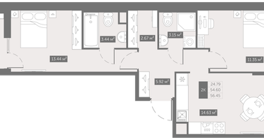 2-к. квартира, 56&nbsp;м²