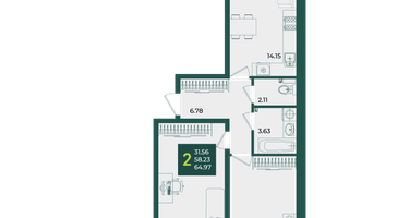 2-к. квартира, 64&nbsp;м²