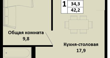1-к. квартира, 42&nbsp;м²