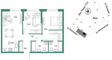 2-к. квартира, 65&nbsp;м²