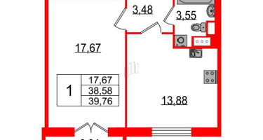 1-к. квартира, 39&nbsp;м²