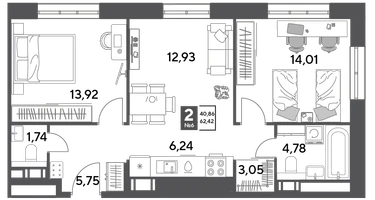 2-к. квартира, 62&nbsp;м²