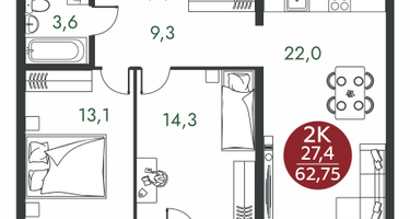 2-к. квартира, 62 м²