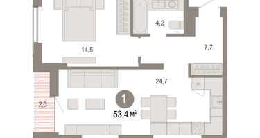1-к. квартира, 53&nbsp;м²