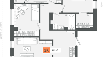 3-к. квартира, 91&nbsp;м²