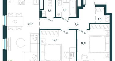 2-к. квартира, 62&nbsp;м²