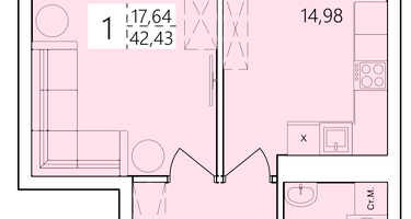 1-к. квартира, 42 м²