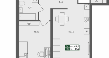 1-к. квартира, 63 м²