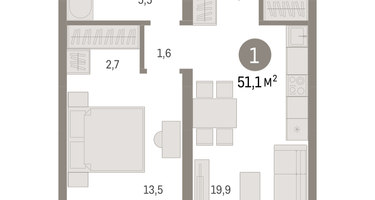 1-к. квартира, 51 м²