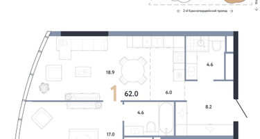 1-к. квартира, 62 м²