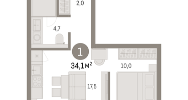 1-к. квартира, 34 м²