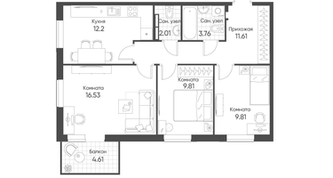 3-к. квартира, 67&nbsp;м²